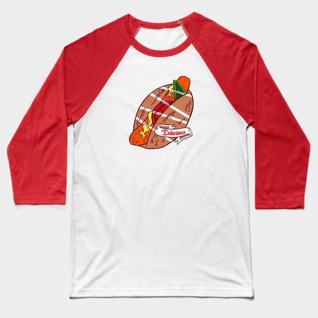 DELICIOUS HOT DOG Baseball T-Shirt by snowhoho